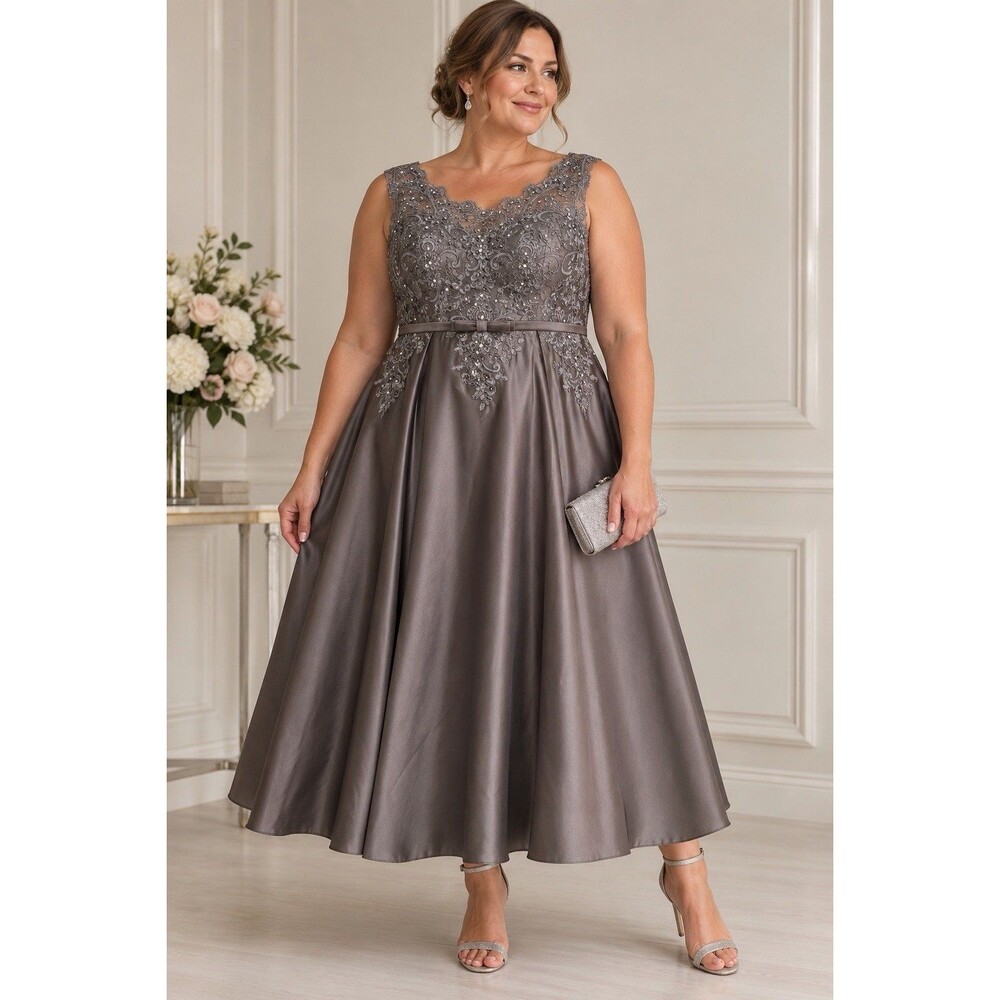 JJ’s House 18W-20W Gray Lace Sequin Satin Maxi Dress Mother of the Bride Formal